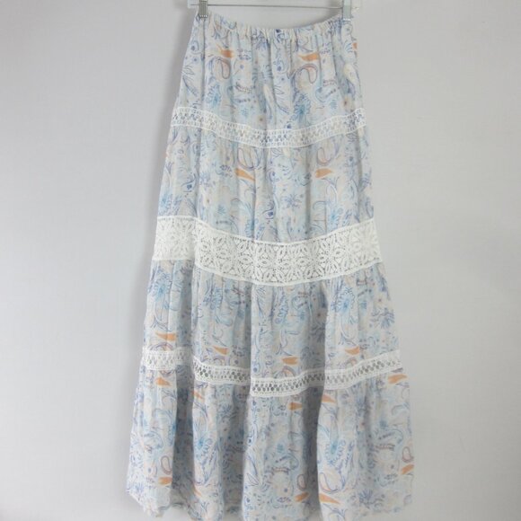 Temptation Positano Linen Maxi Skirt Womens Medium Blue Paisley Lace Tiered - Picture 1 of 14